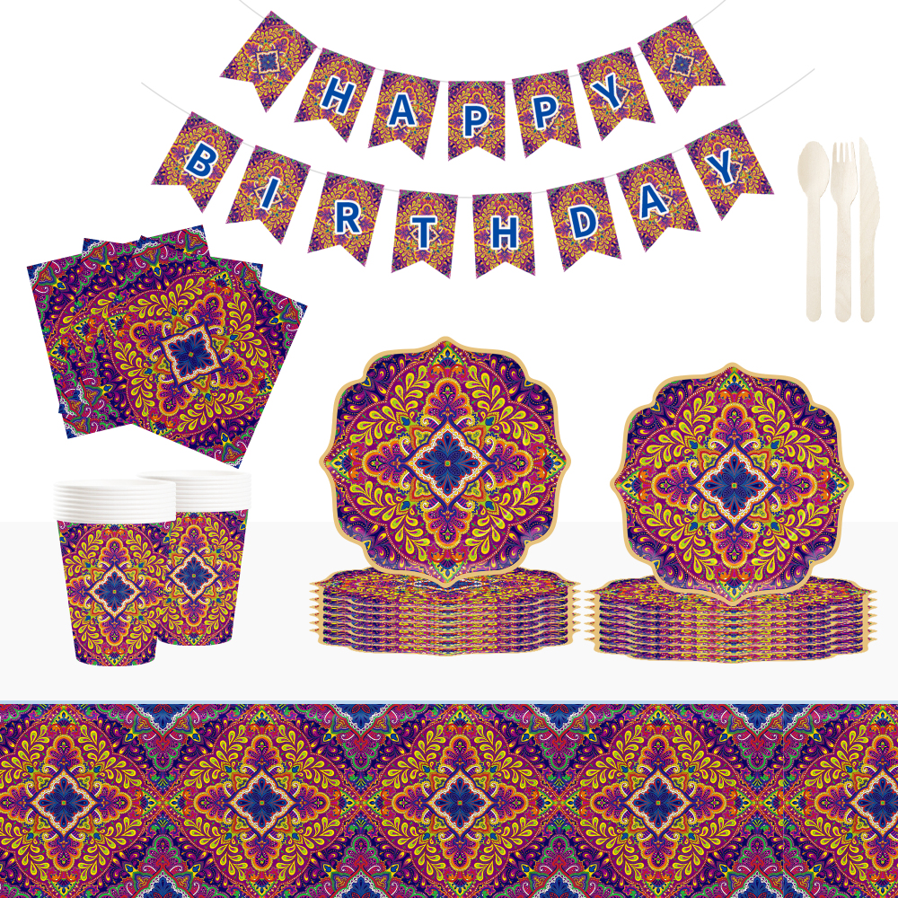 DAMAI New Customized Happy Birthday Theme Retro Disposable Party Paper Plates Cups Napkin Tableware Set