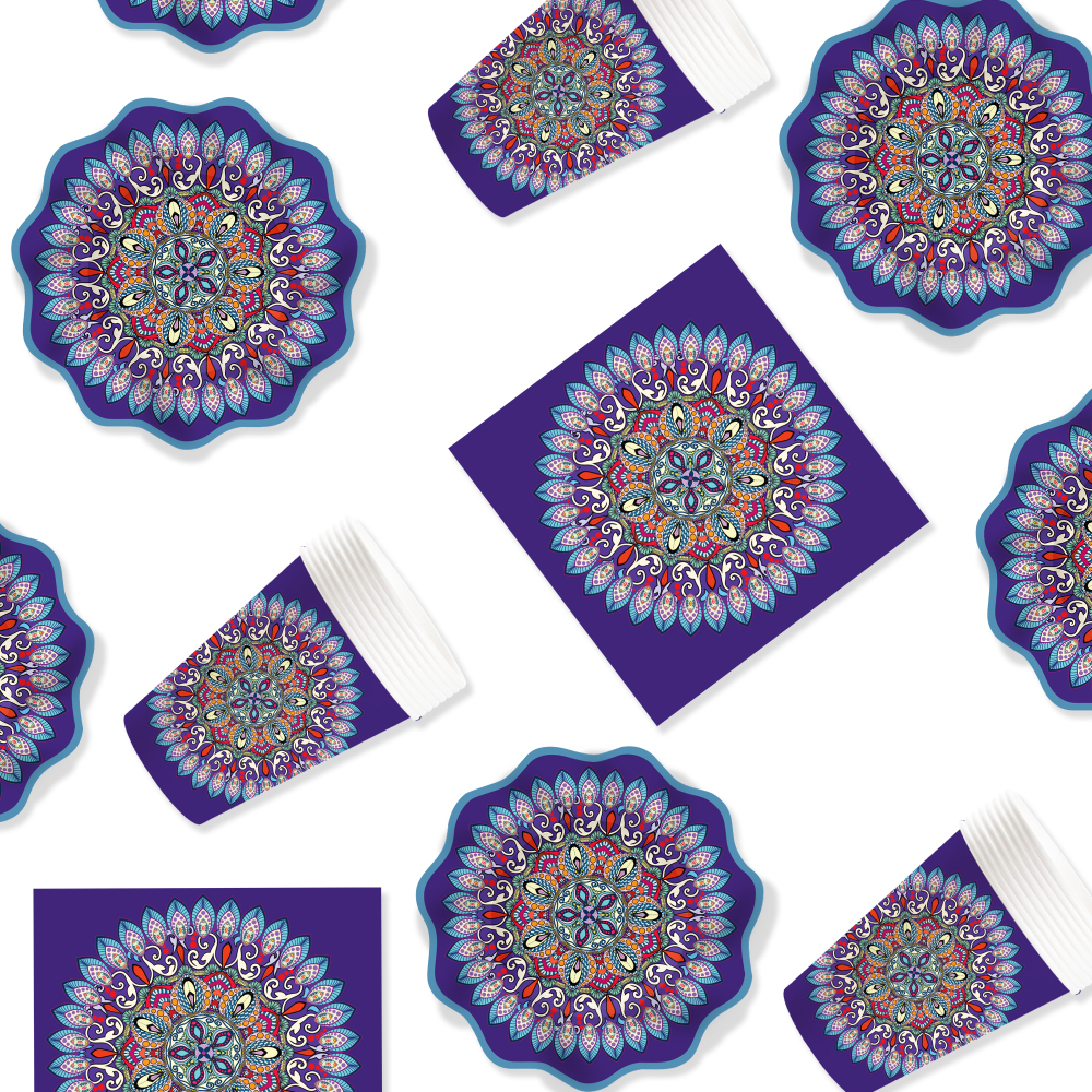 DAMAI New Design Tableware Set Ethnic Style Disposable Paper Plates Napkins Cups Dark Blue Party Kits