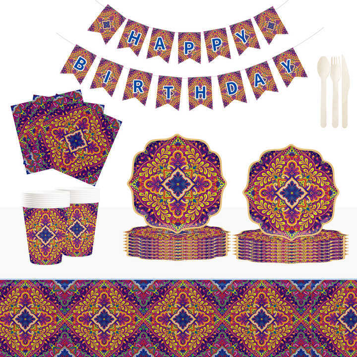 DAMAI New Customized Happy Birthday Theme Retro Disposable Party Paper Plates Cups Napkin Tableware Set
