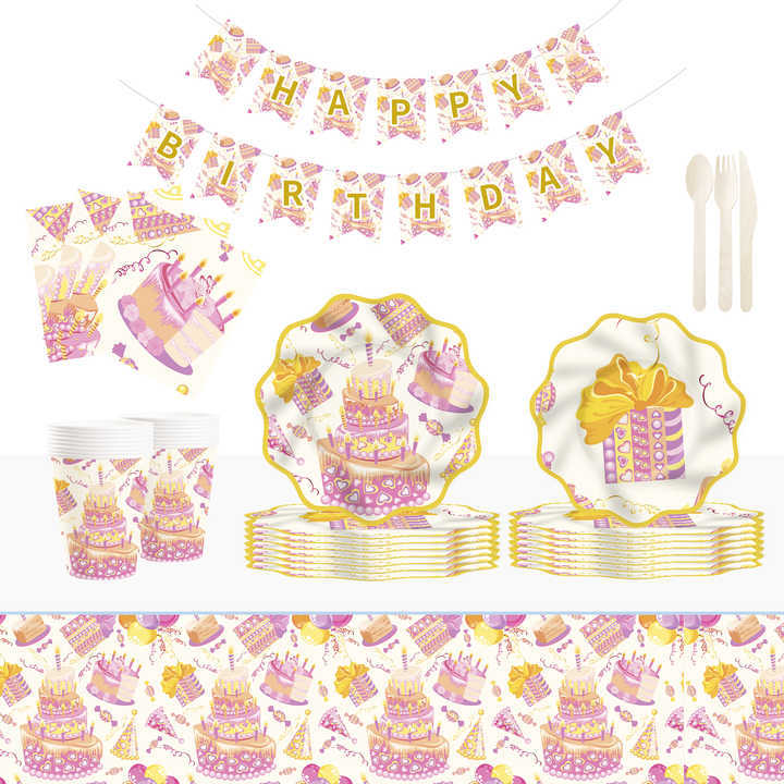 DAMAI New Customized Happy Birthday Theme Disposable Party Paper Plates Cups Napkin with Cake Tableware Set for Kid Party