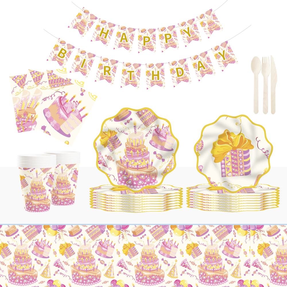 DAMAI New Customized Happy Birthday Theme Disposable Party Paper Plates Cups Napkin with Cake Tableware Set for Kid Party