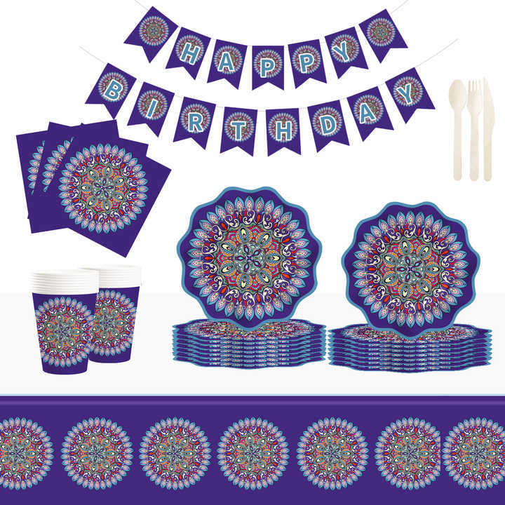 DAMAI New Design Tableware Set Ethnic Style Disposable Paper Plates Napkins Cups Dark Blue Party Kits