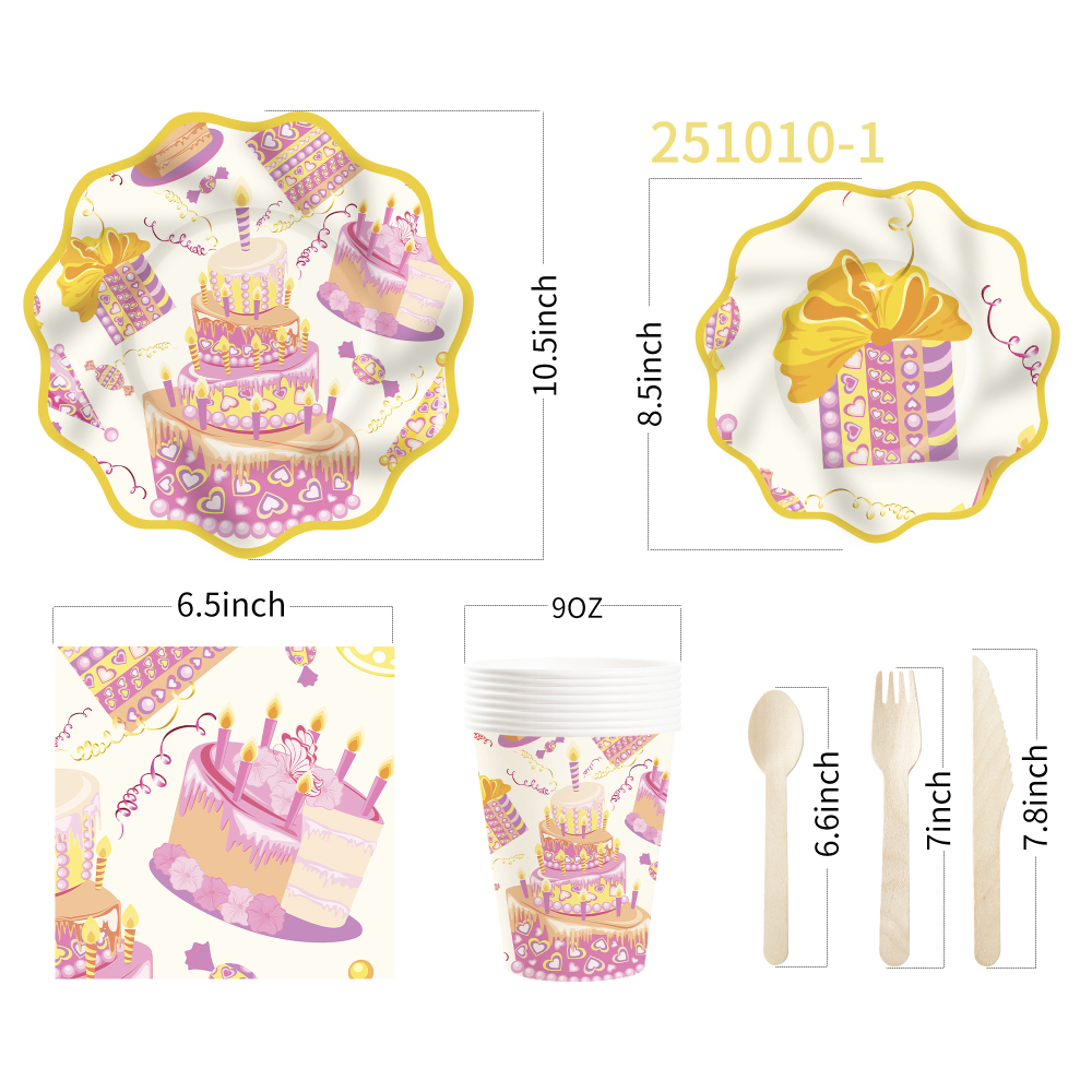 DAMAI New Customized Happy Birthday Theme Disposable Party Paper Plates Cups Napkin with Cake Tableware Set for Kid Party