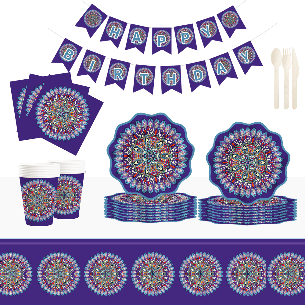 DAMAI New Design Tableware Set Ethnic Style Disposable Paper Plates Napkins Cups Dark Blue Party Kits