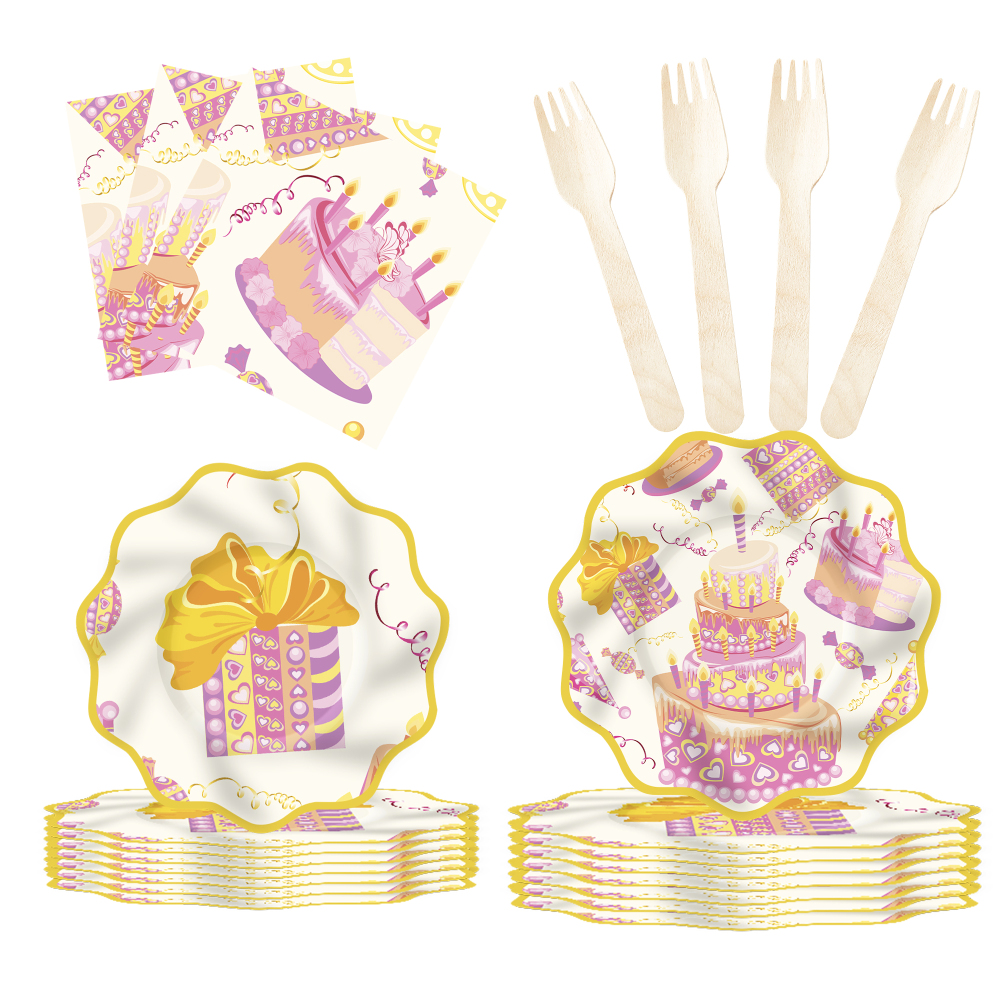 DAMAI New Customized Happy Birthday Theme Disposable Party Paper Plates Cups Napkin with Cake Tableware Set for Kid Party
