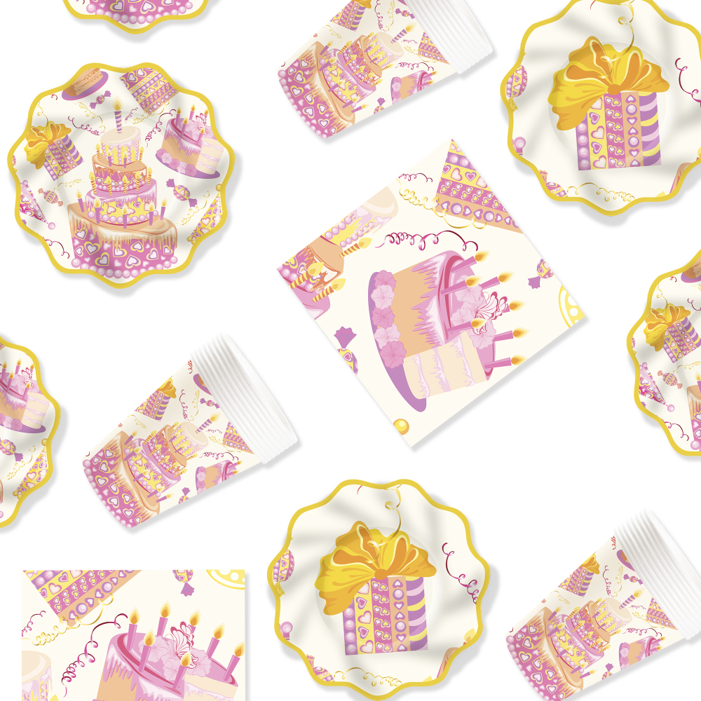 DAMAI New Customized Happy Birthday Theme Disposable Party Paper Plates Cups Napkin with Cake Tableware Set for Kid Party