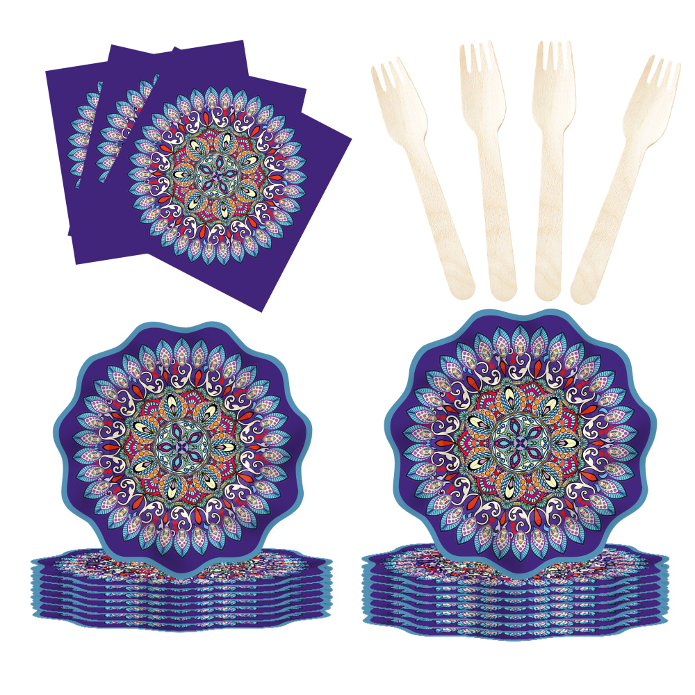 DAMAI New Design Tableware Set Ethnic Style Disposable Paper Plates Napkins Cups Dark Blue Party Kits