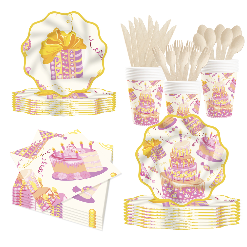 DAMAI New Customized Happy Birthday Theme Disposable Party Paper Plates Cups Napkin with Cake Tableware Set for Kid Party
