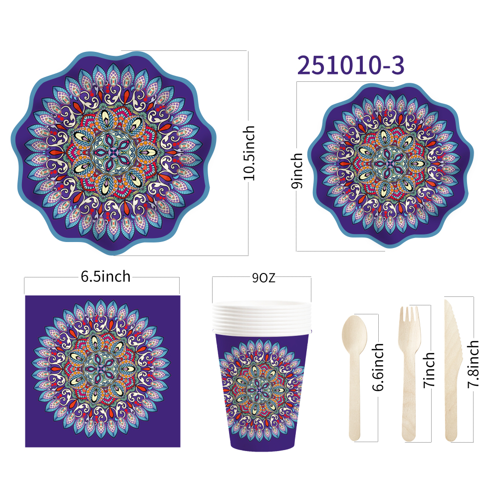 DAMAI New Design Tableware Set Ethnic Style Disposable Paper Plates Napkins Cups Dark Blue Party Kits