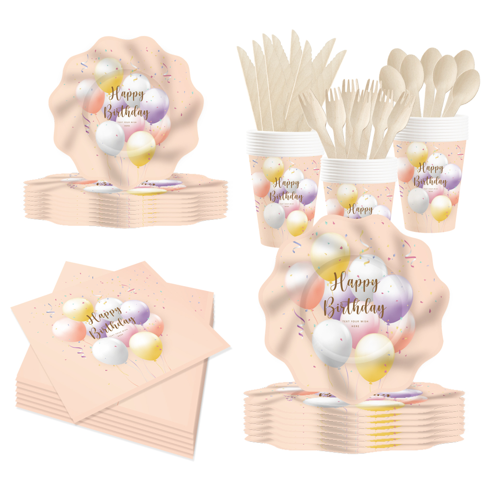 DAMAI Happy Birthday Theme Tableware for Children Birthday Party Decorations Balloon Pattern Paper Plate Napkin Cup for 8 Guests