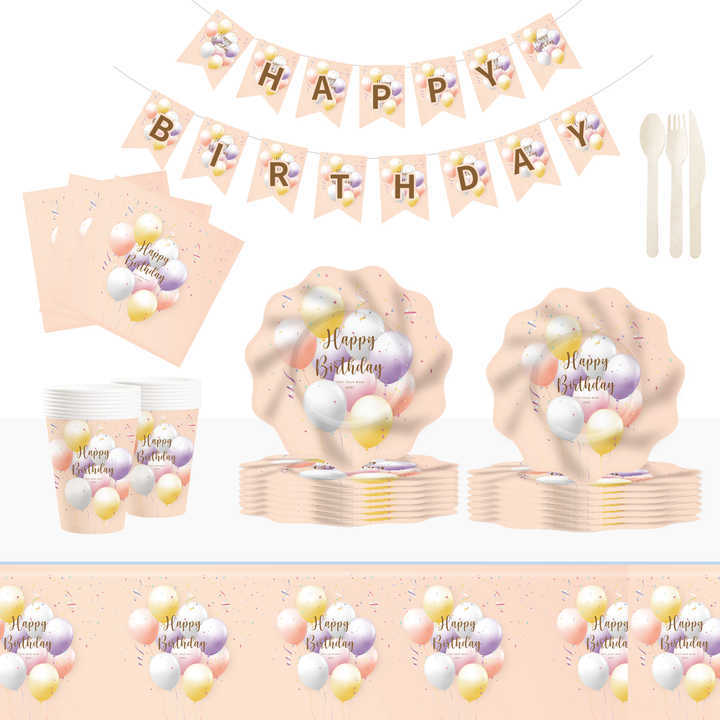 DAMAI Happy Birthday Theme Tableware for Children Birthday Party Decorations Balloon Pattern Paper Plate Napkin Cup for 8 Guests