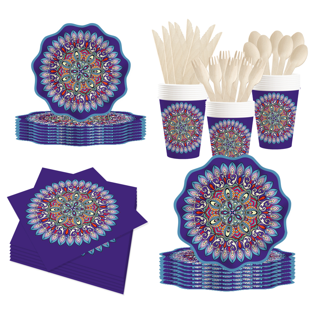 DAMAI New Design Tableware Set Ethnic Style Disposable Paper Plates Napkins Cups Dark Blue Party Kits