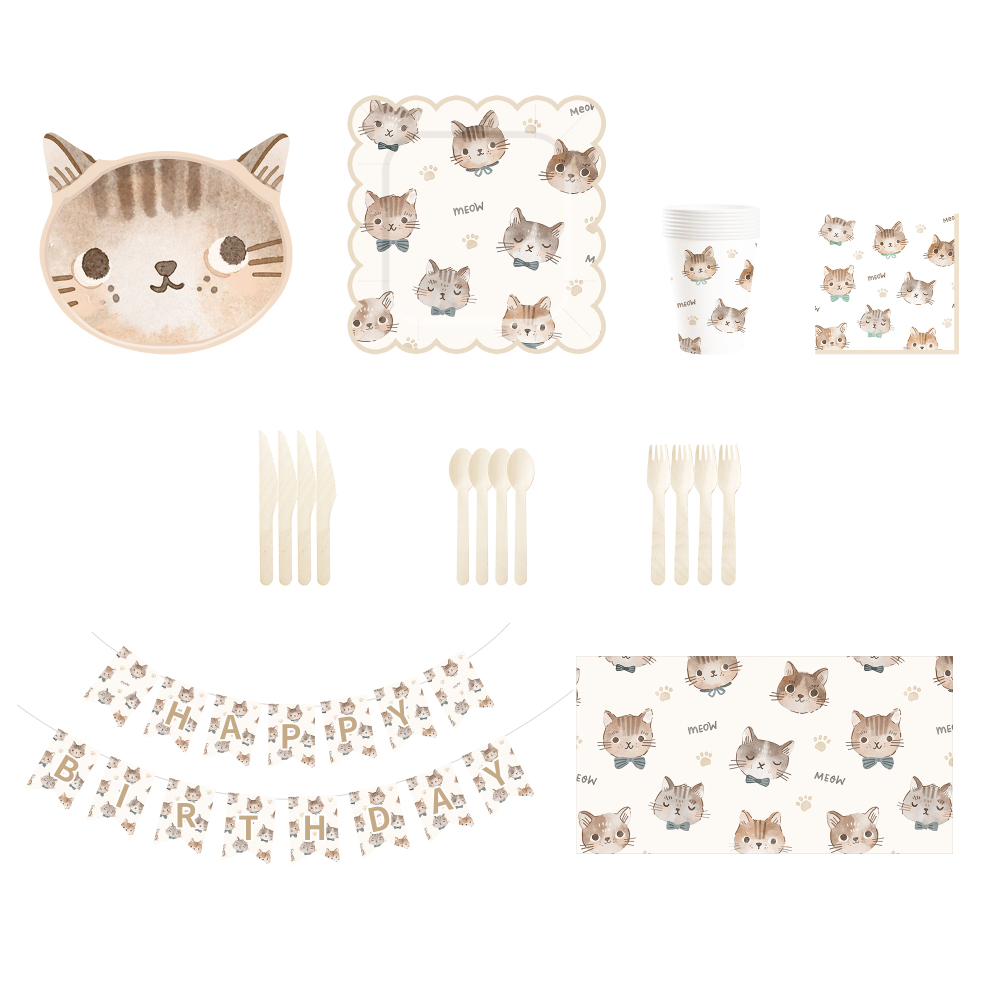 DAMAI Cat Party Set Party Tableware Children's Birthday Pets Including Paper Plates Napkins Tablecloths Cups for 8 Guests