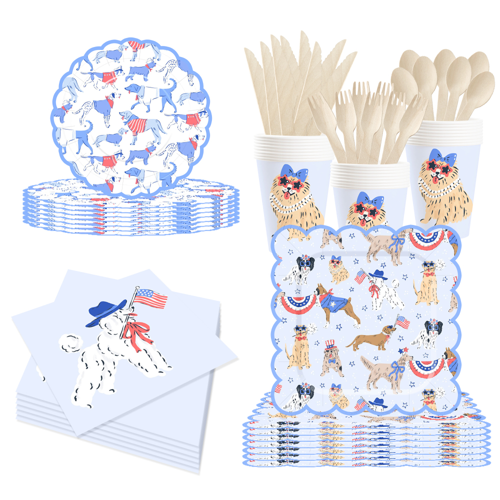 DAMAI Dog Plates and Napkins Party Supplies Dog Theme Party Decorations Blue Puppy Tableware Set Disposable Dinnerware Set