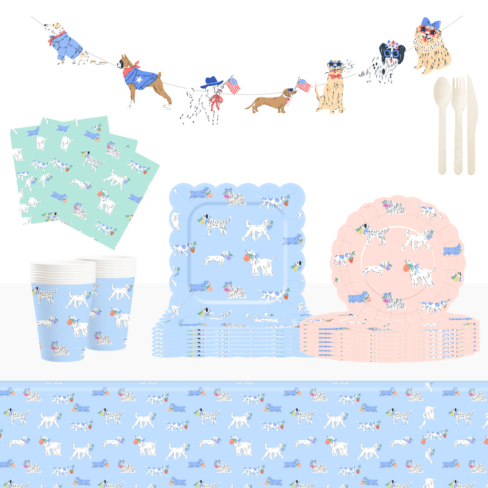 DAMAI New Styles Kids Theme Birthday Party Tableware Set Includes Disposable Dog Pattern Paper Plates Napkin Tableware Set
