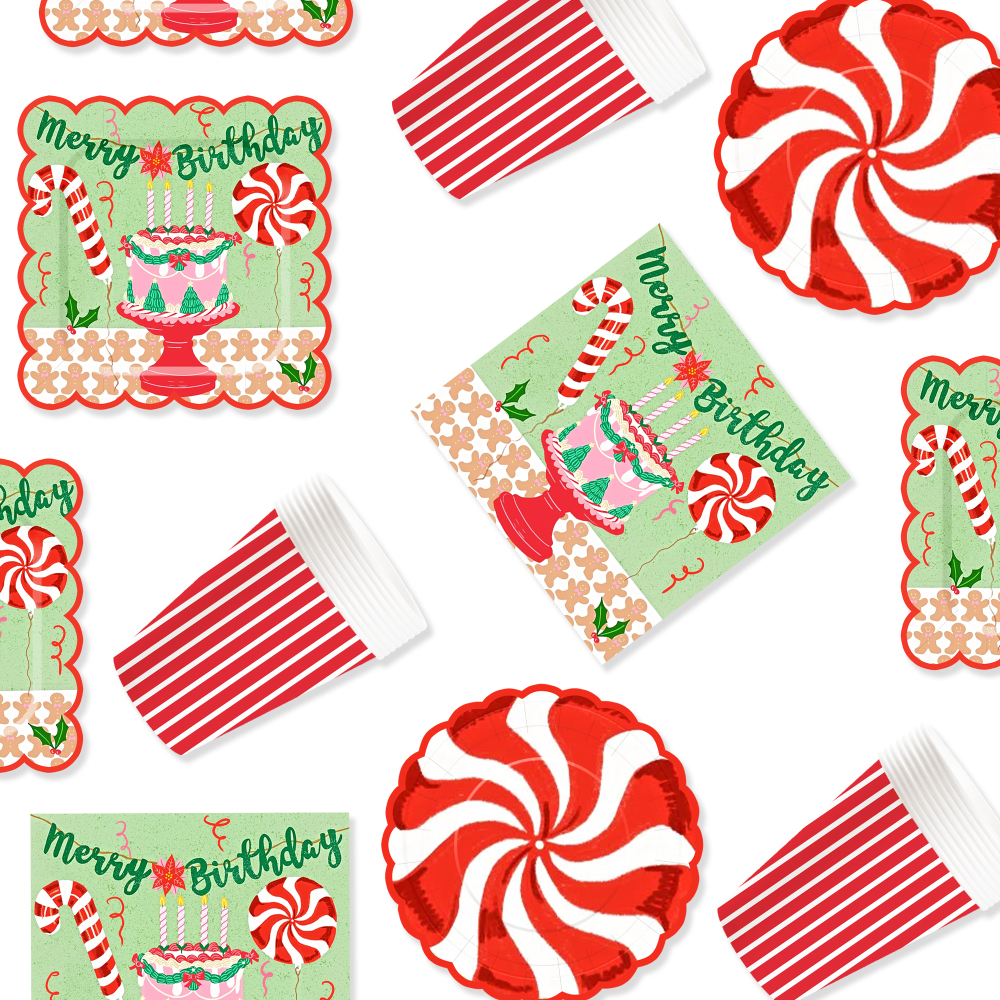 DAMAI Merry Birthday Theme Party Kits Round and Square Disposable Party Paper Plates Cups Napkin with Cake Tableware Set