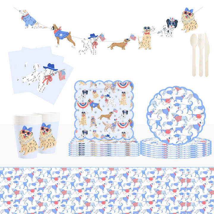 DAMAI Dog Plates and Napkins Party Supplies Dog Theme Party Decorations Blue Puppy Tableware Set Disposable Dinnerware Set