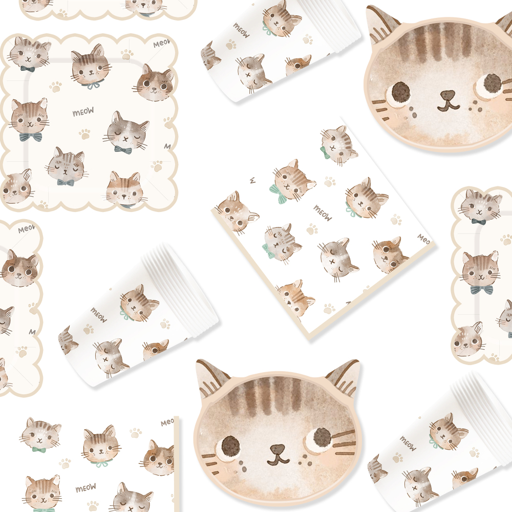 DAMAI Cat Party Set Party Tableware Children's Birthday Pets Including Paper Plates Napkins Tablecloths Cups for 8 Guests