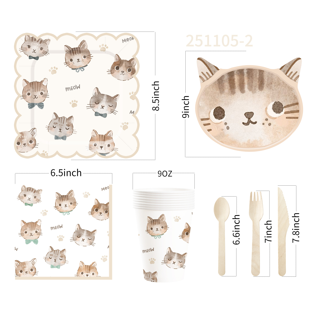 DAMAI Cat Party Set Party Tableware Children's Birthday Pets Including Paper Plates Napkins Tablecloths Cups for 8 Guests
