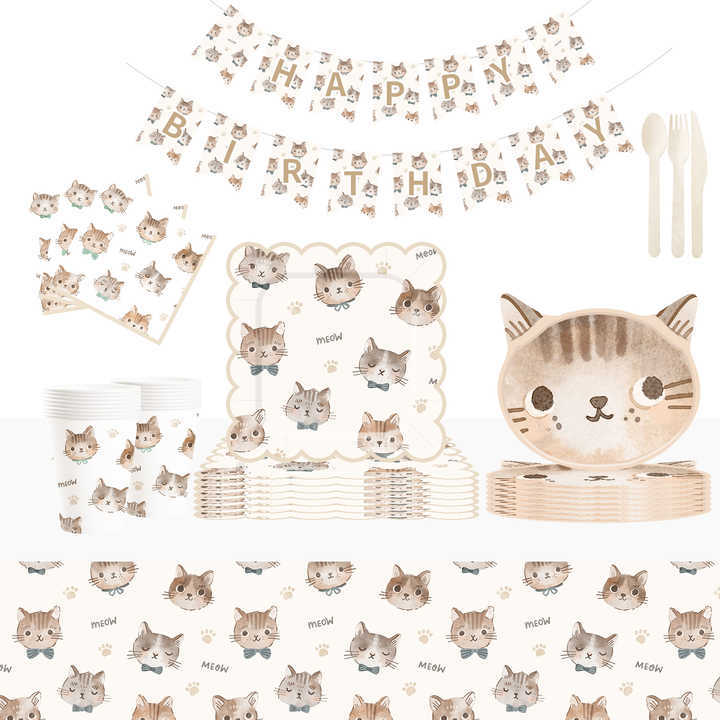 DAMAI Cat Party Set Party Tableware Children's Birthday Pets Including Paper Plates Napkins Tablecloths Cups for 8 Guests