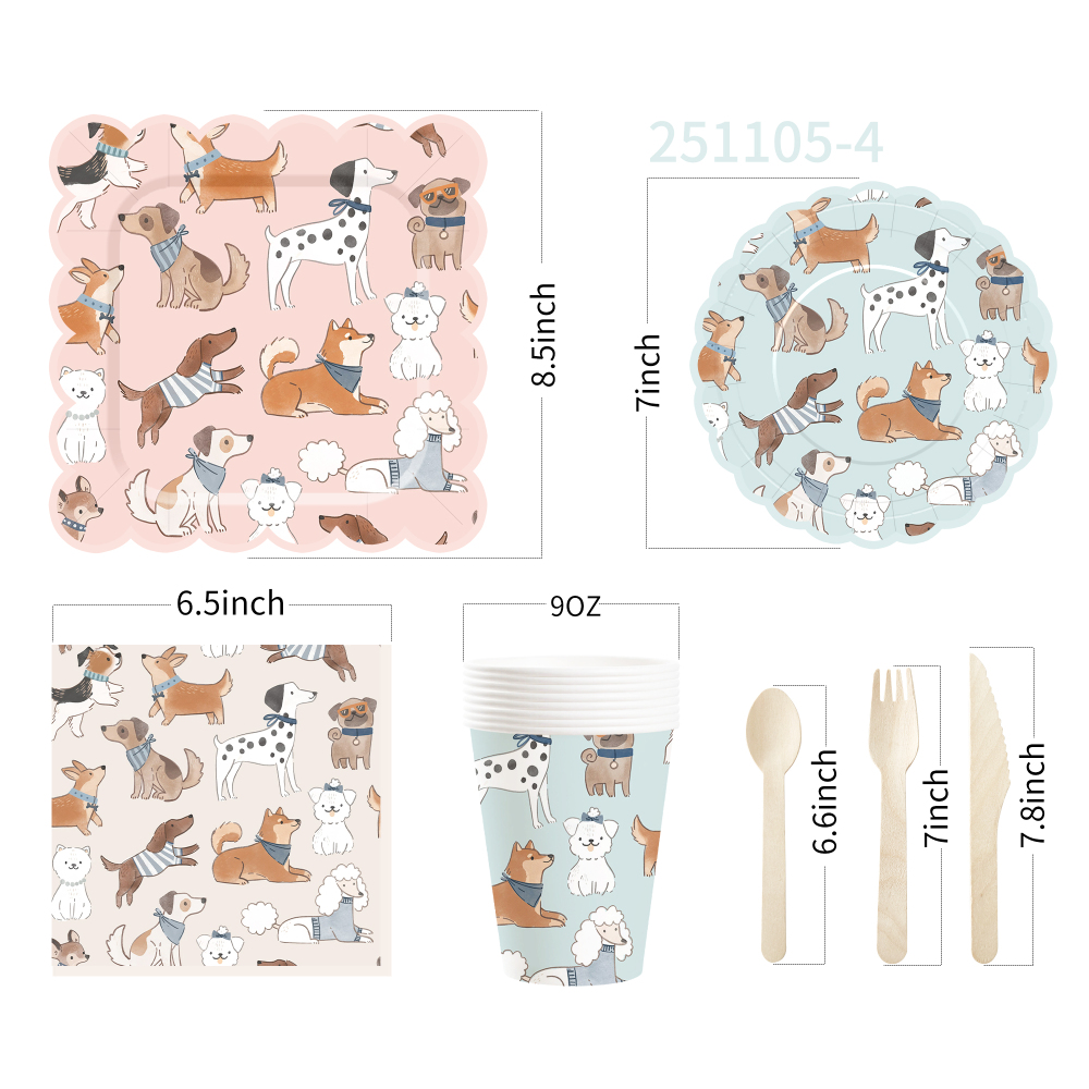 DAMAI Dog Party Set Party Tableware Children's Birthday Pets Including Paper Plates Napkins Tablecloths Cups for 8 Guests