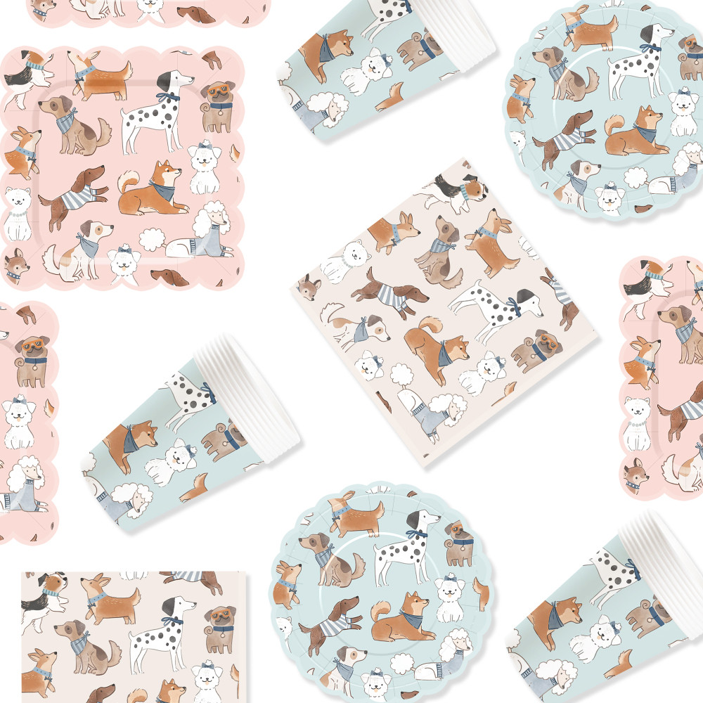 DAMAI Dog Party Set Party Tableware Children's Birthday Pets Including Paper Plates Napkins Tablecloths Cups for 8 Guests