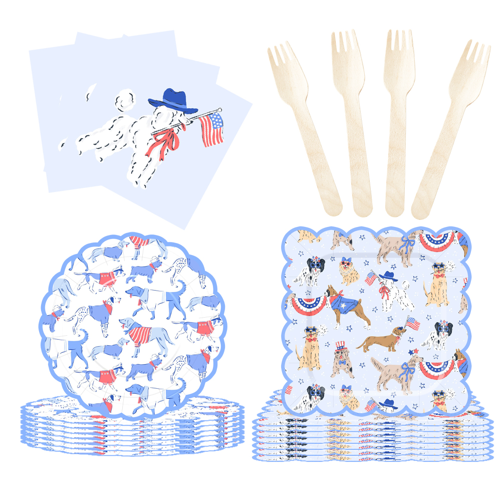 DAMAI Dog Plates and Napkins Party Supplies Dog Theme Party Decorations Blue Puppy Tableware Set Disposable Dinnerware Set