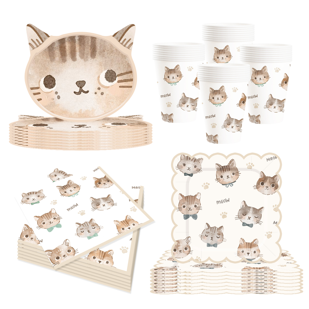 DAMAI Cat Party Set Party Tableware Children's Birthday Pets Including Paper Plates Napkins Tablecloths Cups for 8 Guests