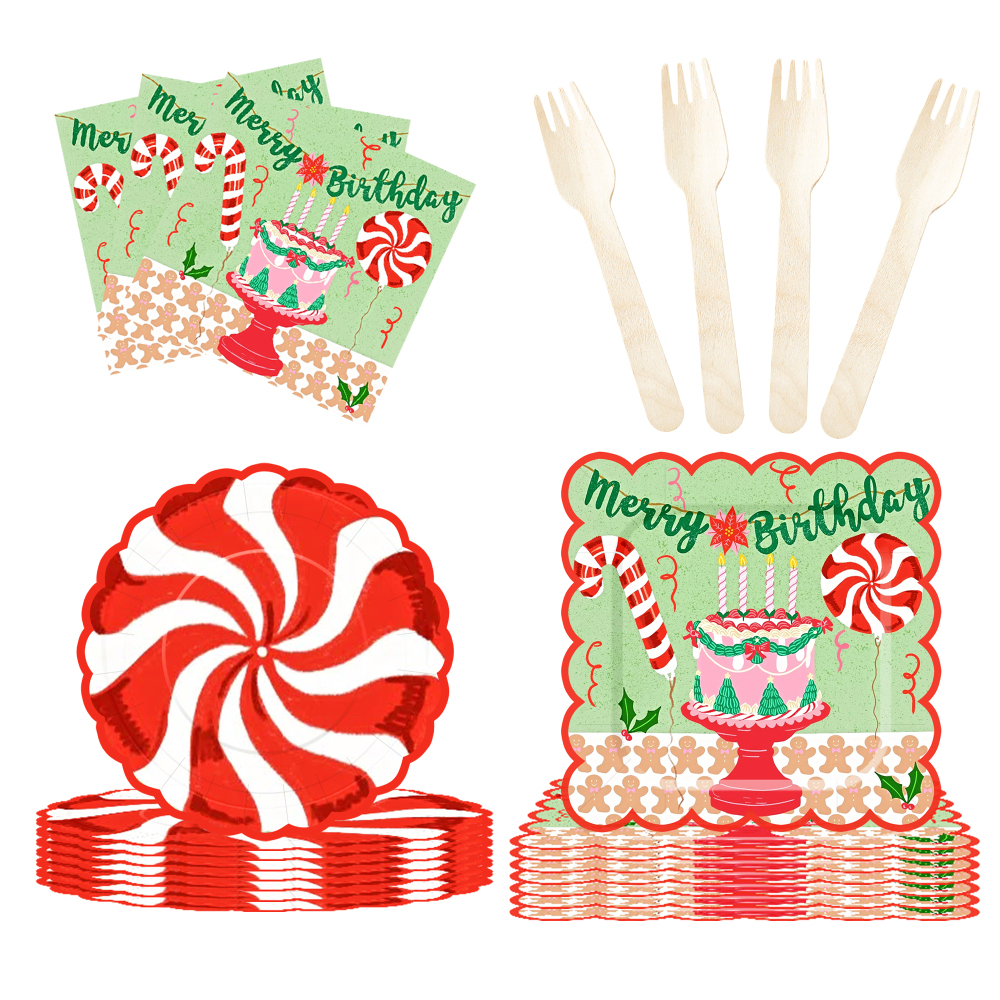 DAMAI Merry Birthday Theme Party Kits Round and Square Disposable Party Paper Plates Cups Napkin with Cake Tableware Set