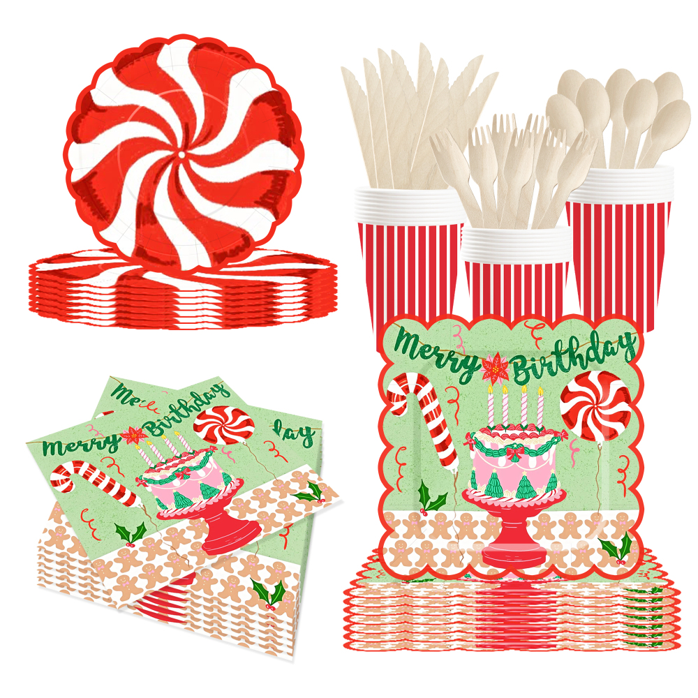 DAMAI Merry Birthday Theme Party Kits Round and Square Disposable Party Paper Plates Cups Napkin with Cake Tableware Set