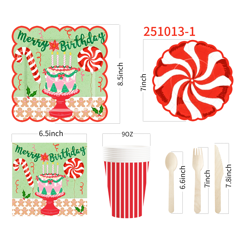 DAMAI Merry Birthday Theme Party Kits Round and Square Disposable Party Paper Plates Cups Napkin with Cake Tableware Set