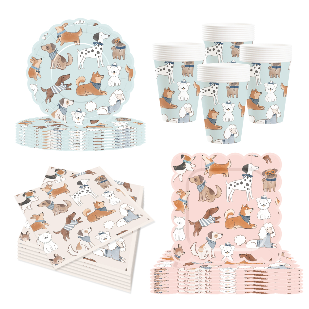 DAMAI Dog Party Set Party Tableware Children's Birthday Pets Including Paper Plates Napkins Tablecloths Cups for 8 Guests