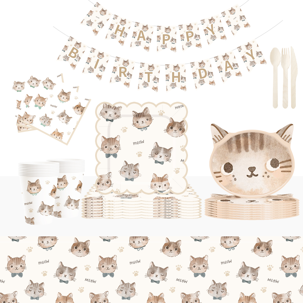 DAMAI Cat Party Set Party Tableware Children's Birthday Pets Including Paper Plates Napkins Tablecloths Cups for 8 Guests