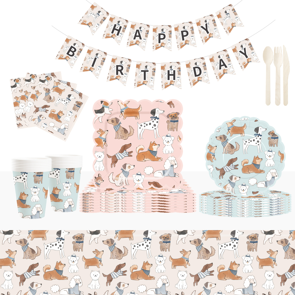 DAMAI Dog Party Set Party Tableware Children's Birthday Pets Including Paper Plates Napkins Tablecloths Cups for 8 Guests