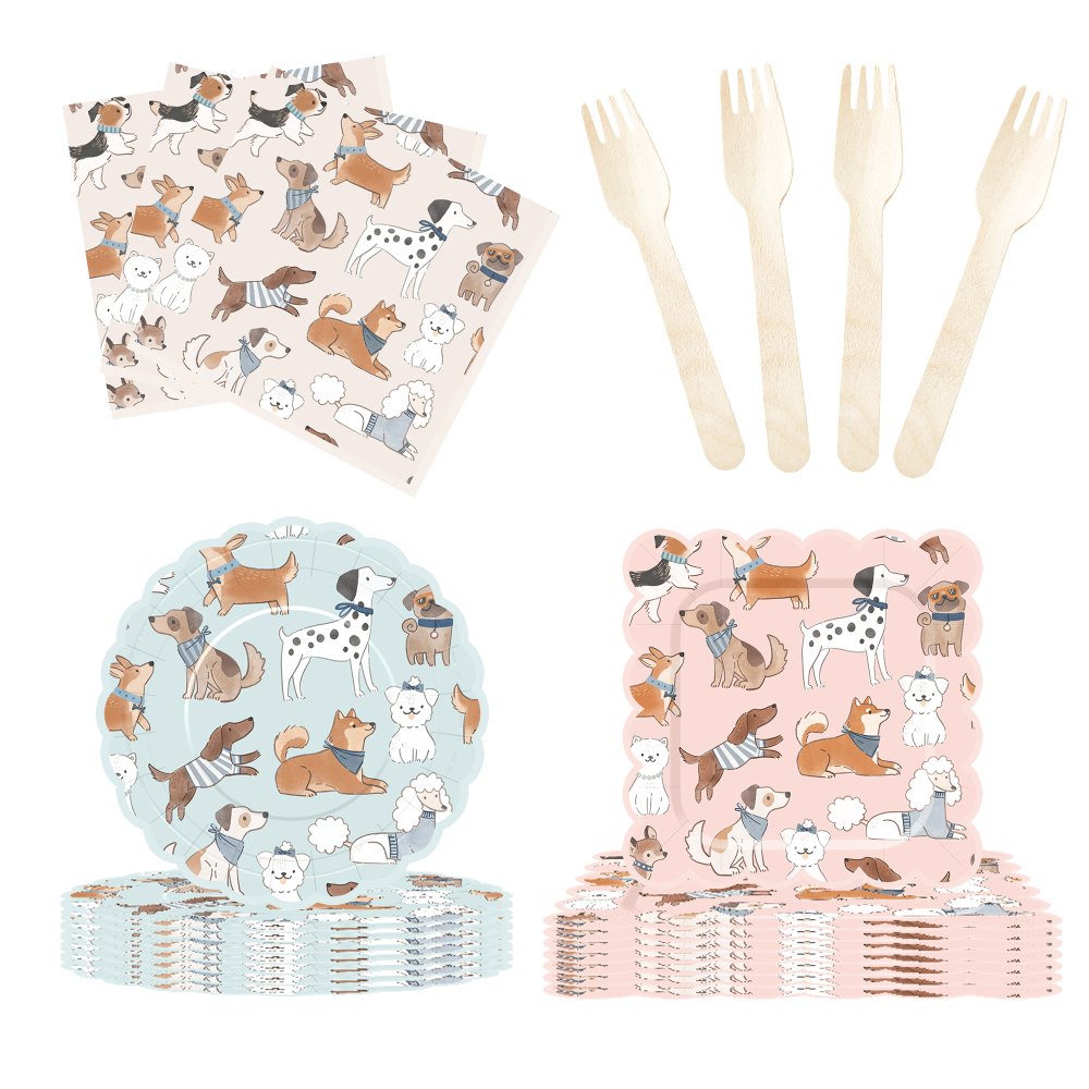 DAMAI Dog Party Set Party Tableware Children's Birthday Pets Including Paper Plates Napkins Tablecloths Cups for 8 Guests