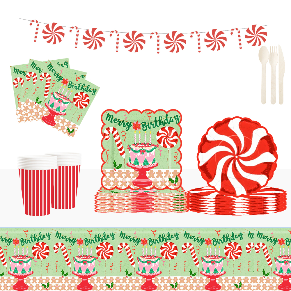 DAMAI Merry Birthday Theme Party Kits Round and Square Disposable Party Paper Plates Cups Napkin with Cake Tableware Set