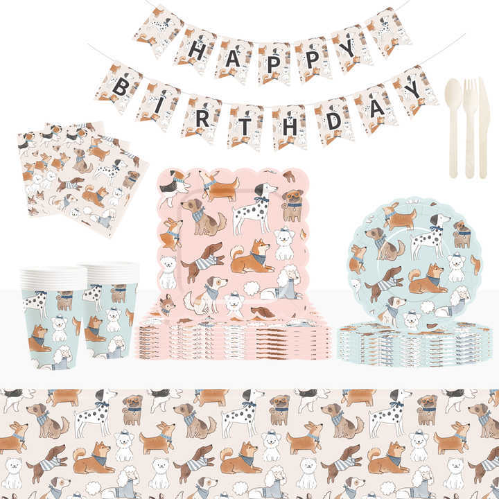 DAMAI Dog Party Set Party Tableware Children's Birthday Pets Including Paper Plates Napkins Tablecloths Cups for 8 Guests