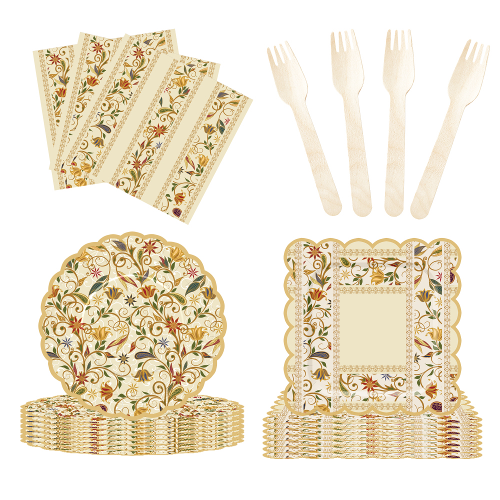 DAMAI New Customized Flower Theme Birthday Party Disposable Paper Plates Napkin Cups Brown Floral Tableware Set