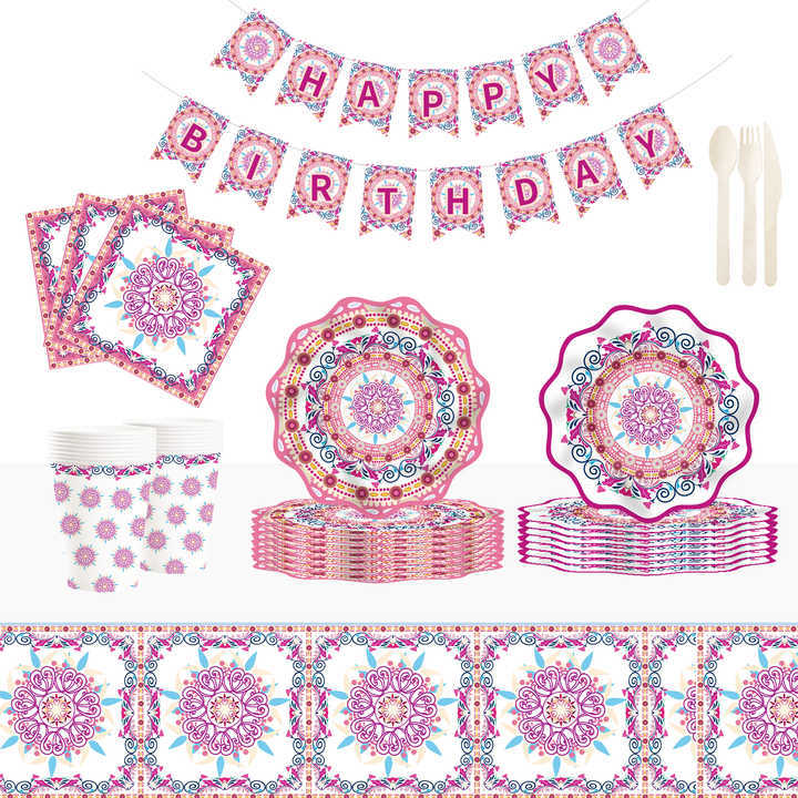 DAMAI Chinese Style Happy Birthday Theme Party Kits PinkWave Shape Disposable Party Paper Plates Cups Napkin Tableware Set