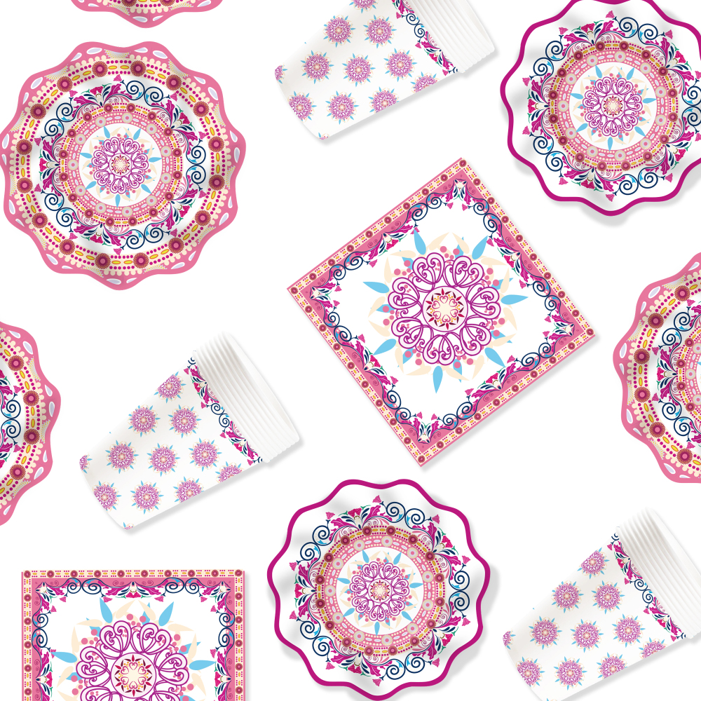 DAMAI Chinese Style Happy Birthday Theme Party Kits PinkWave Shape Disposable Party Paper Plates Cups Napkin Tableware Set