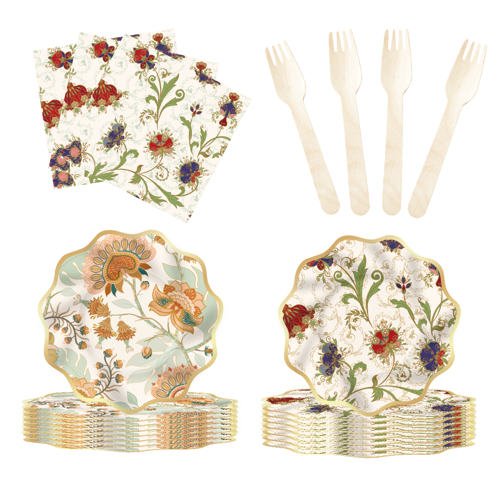DAMAI Kaki Floral Theme Party Supplies Party Decorations Tableware Set Disposable Dinnerware Set Party Paper Plate
