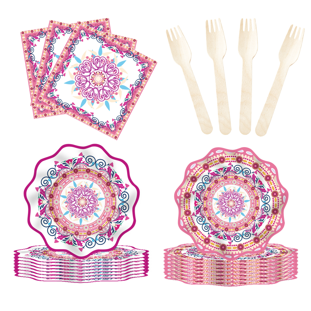 DAMAI Chinese Style Happy Birthday Theme Party Kits PinkWave Shape Disposable Party Paper Plates Cups Napkin Tableware Set