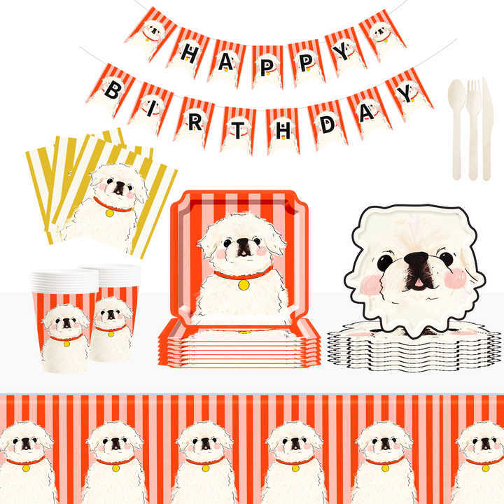 DAMAI Dog Party Set Party Tableware Children's Birthday Pets Including Paper Plates Napkins Tablecloths Cups for 8 Guests