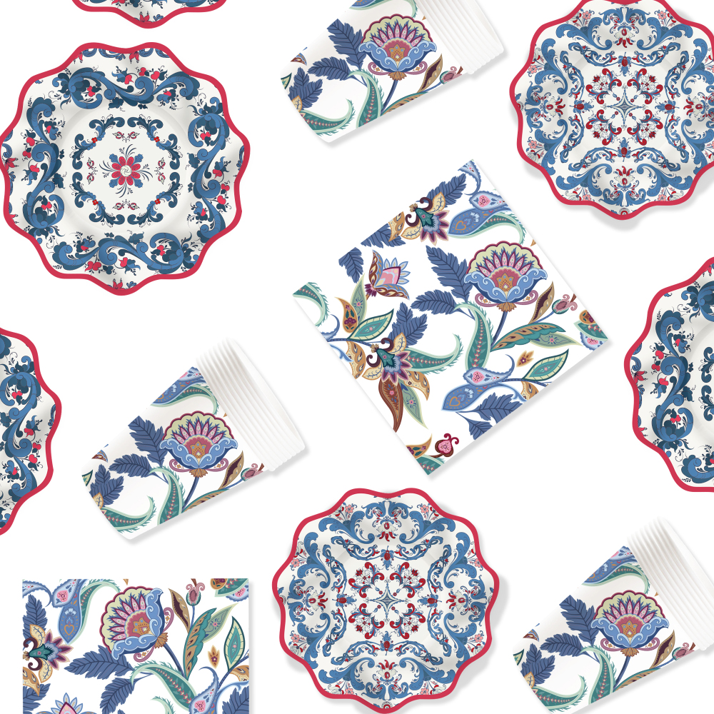 DAMAI Floral Theme Chinese Style Retro Disposable Party Paper Plates Cups Napkin with Tableware Set Serve for 8 Guests
