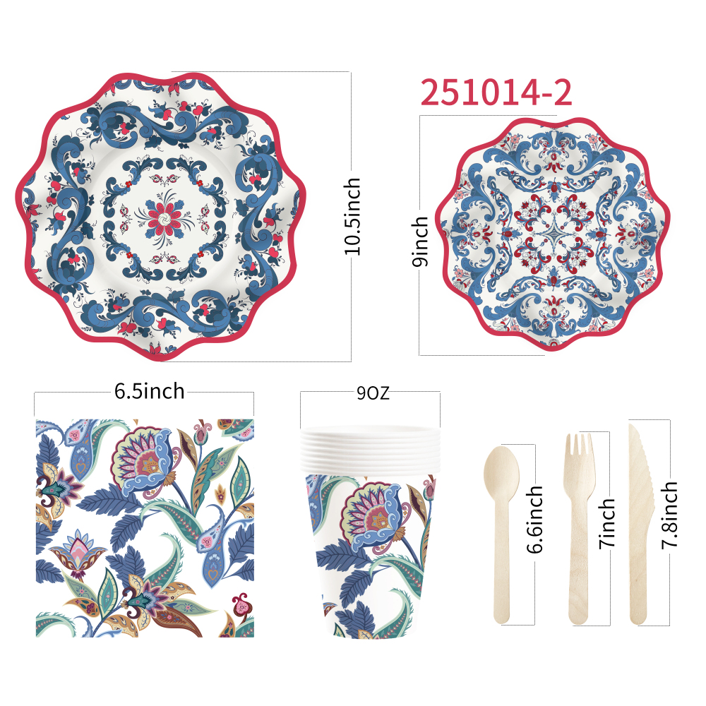 DAMAI Floral Theme Chinese Style Retro Disposable Party Paper Plates Cups Napkin with Tableware Set Serve for 8 Guests
