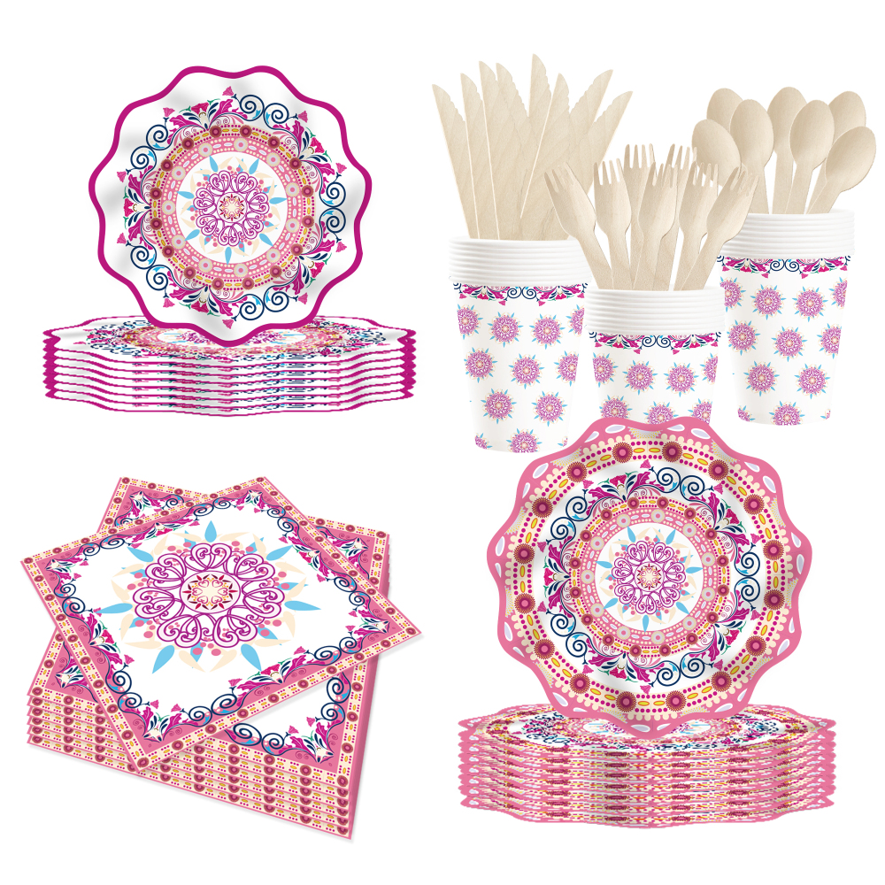 DAMAI Chinese Style Happy Birthday Theme Party Kits PinkWave Shape Disposable Party Paper Plates Cups Napkin Tableware Set