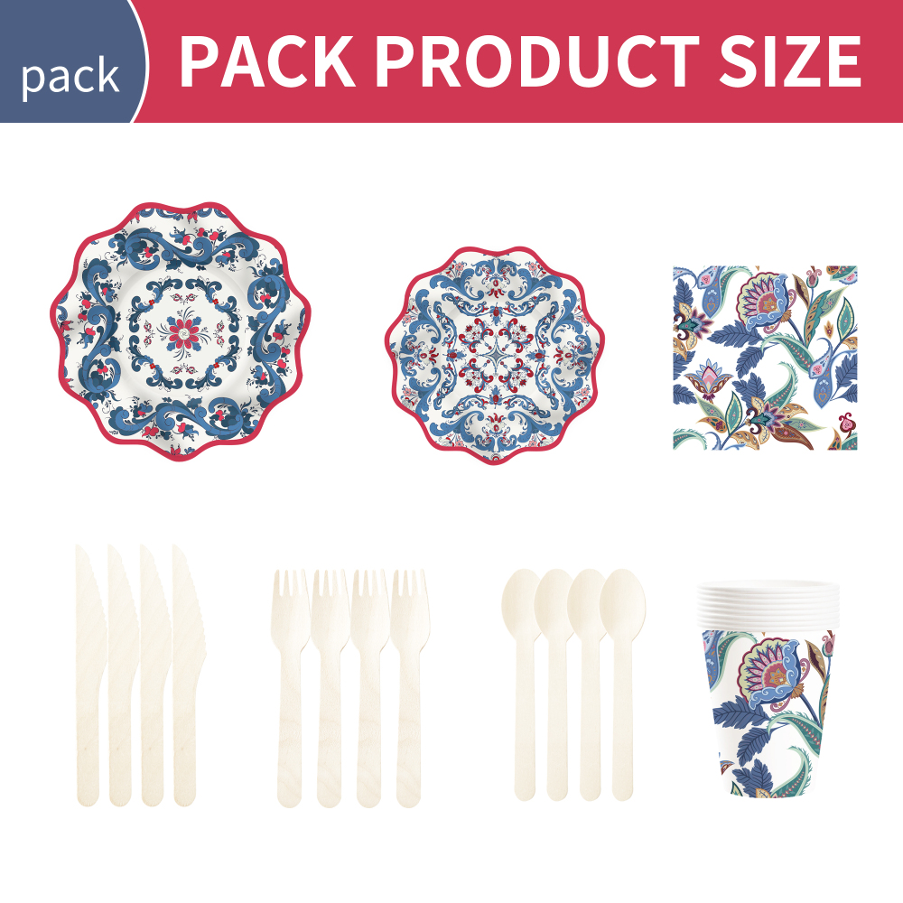 DAMAI Floral Theme Chinese Style Retro Disposable Party Paper Plates Cups Napkin with Tableware Set Serve for 8 Guests