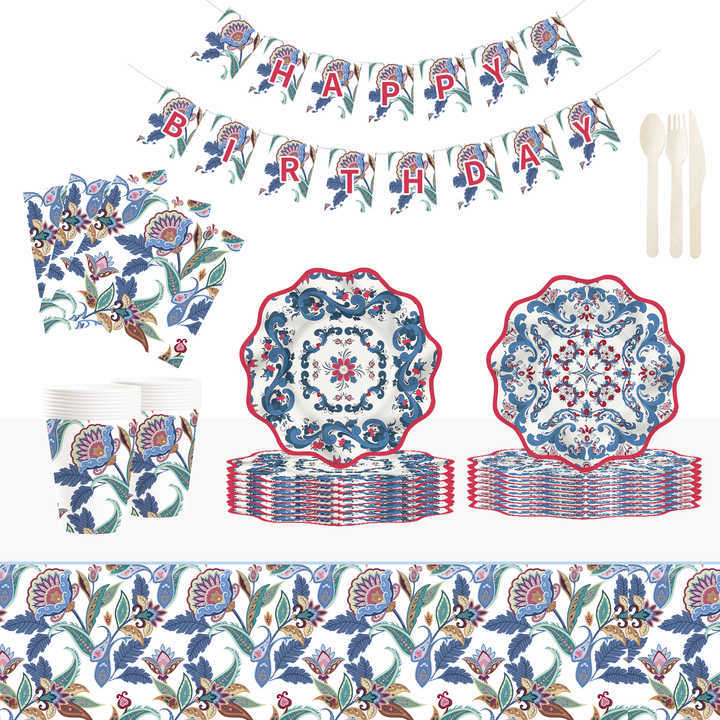 DAMAI Floral Theme Chinese Style Retro Disposable Party Paper Plates Cups Napkin with Tableware Set Serve for 8 Guests