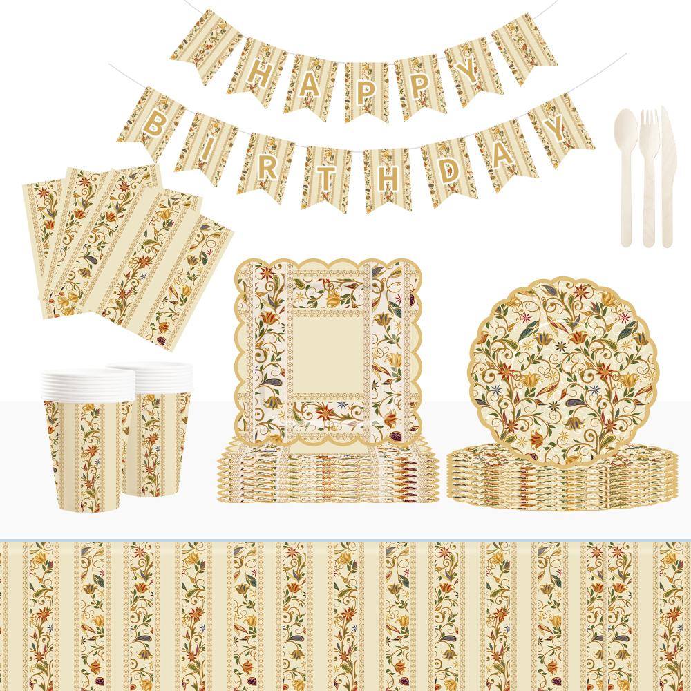 DAMAI New Customized Flower Theme Birthday Party Disposable Paper Plates Napkin Cups Brown Floral Tableware Set