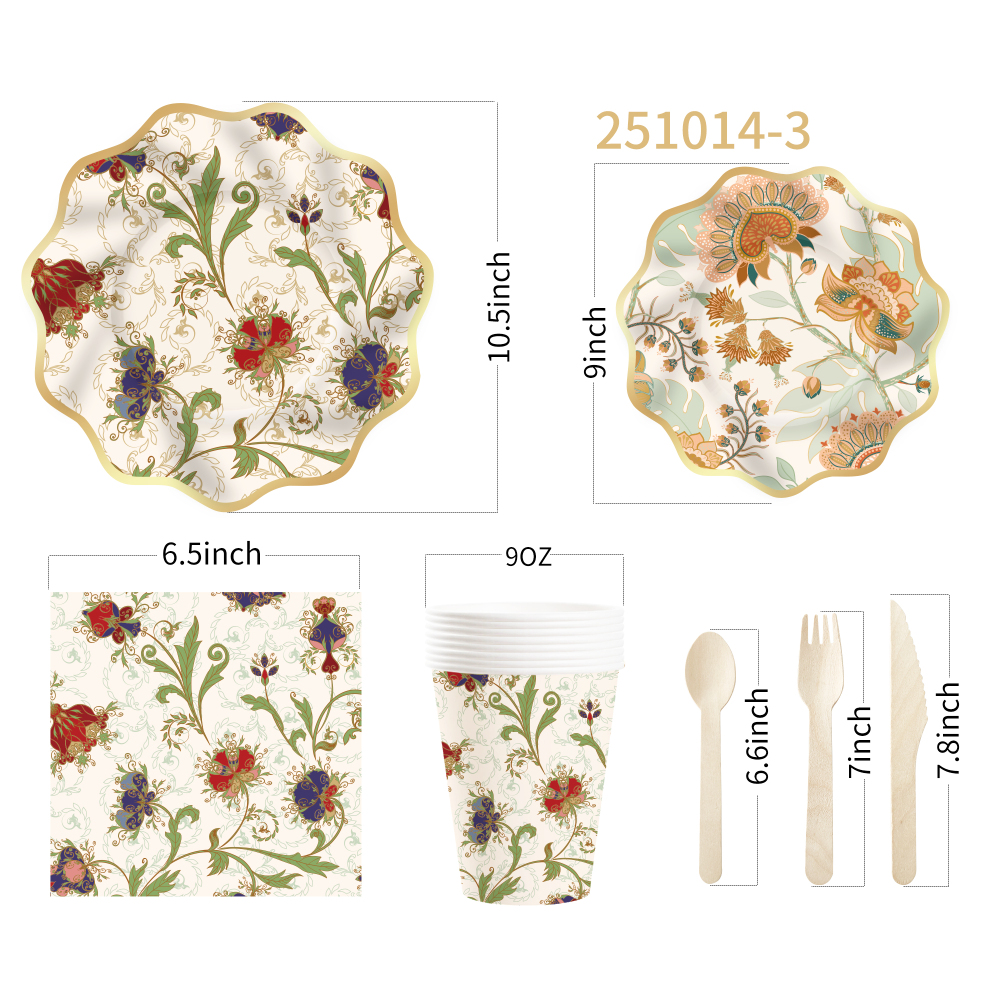 DAMAI Kaki Floral Theme Party Supplies Party Decorations Tableware Set Disposable Dinnerware Set Party Paper Plate
